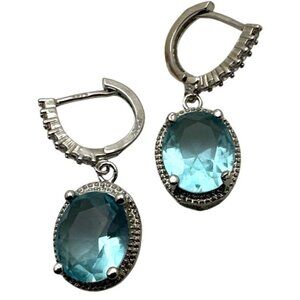 Blue Oval Faceted Aquamarine Drop Earrings Crystals Silver Plating